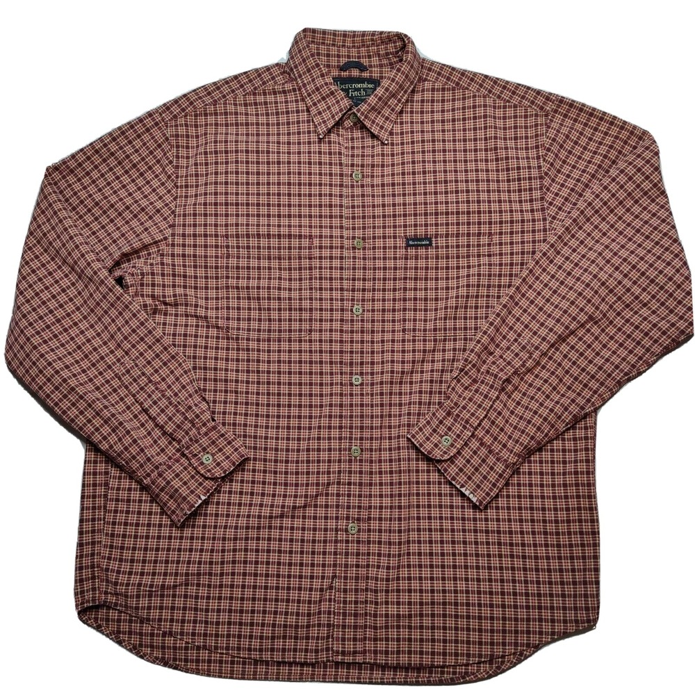 Abercrombie & Fitch Men Large Brown Orange Plaid Cotton Button Shirt